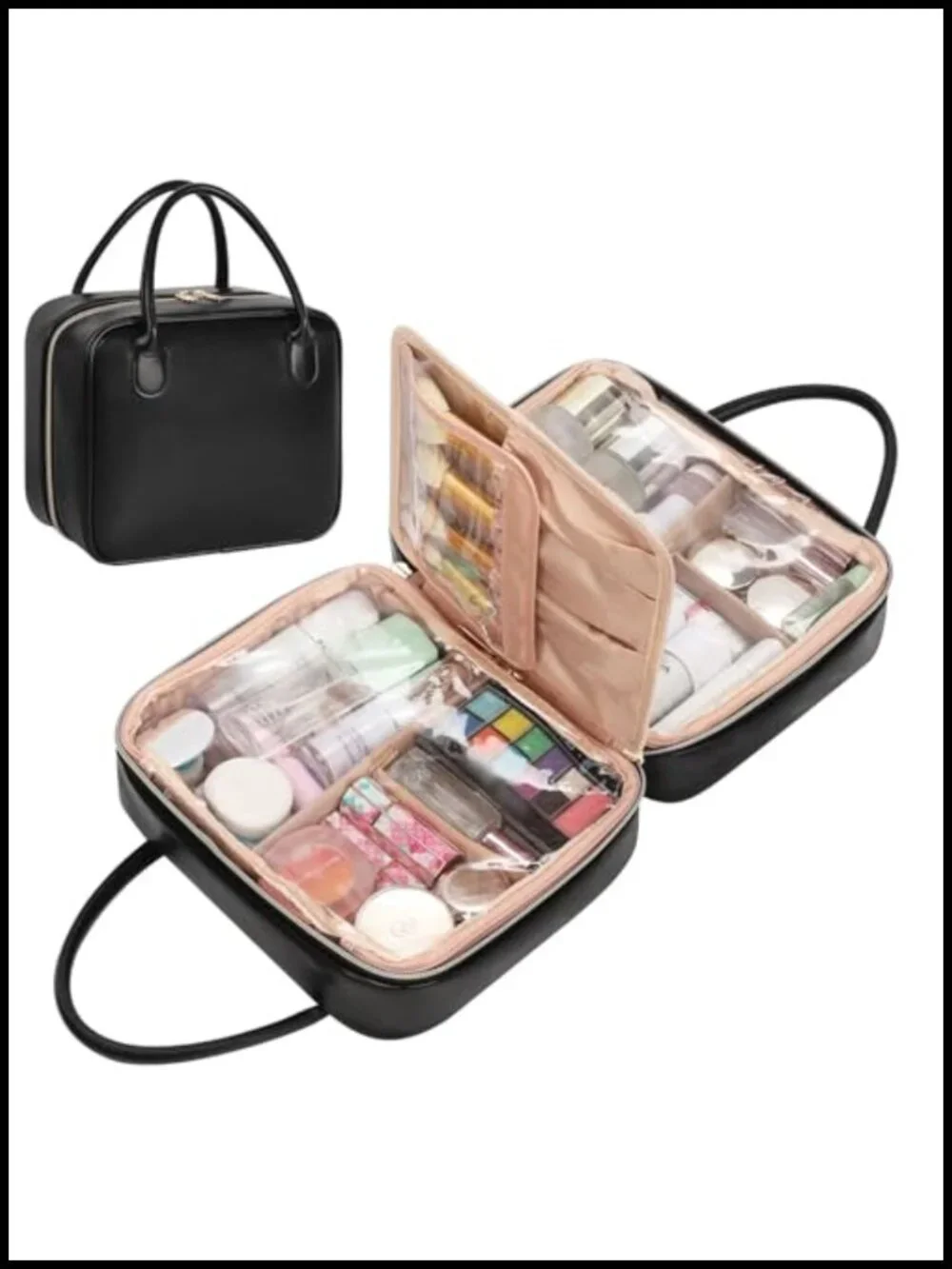 Large Capacity Travel Makeup Bag with Dividers & Brush Compartment, Waterproof